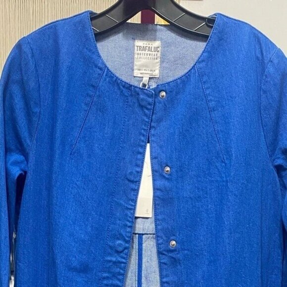 NWT Zara Blue Denim Long Collarless Coat Raw - Picture 4 of 4